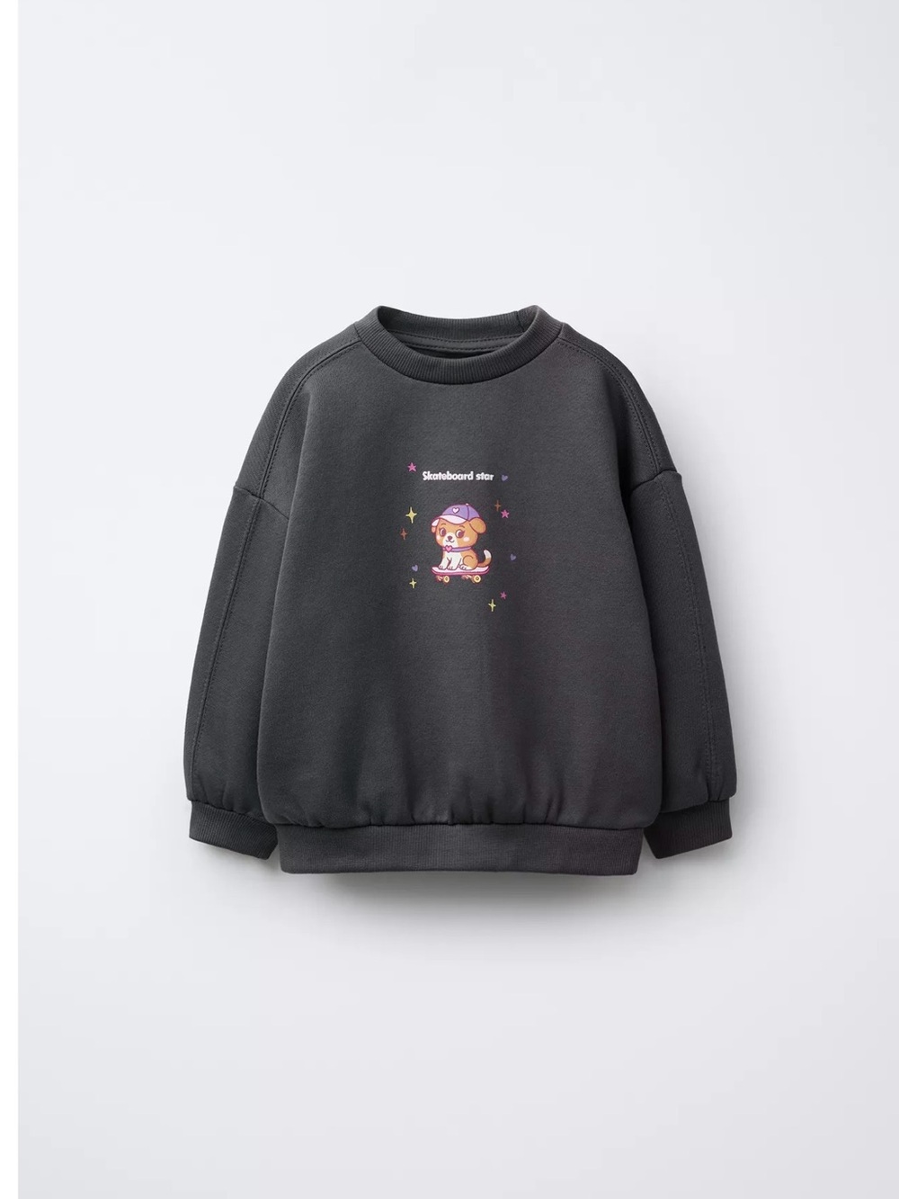 Kids Charcoal Graphic Sweatshirt with Skateboard Puppy